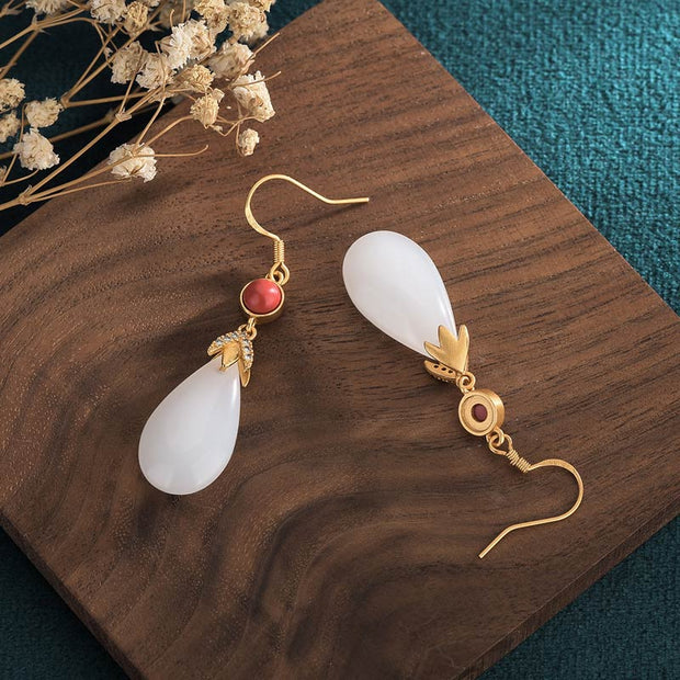 Buddha Stones FengShui White Jade Luck Drop Earrings