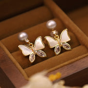 Buddha Stones 18K Gold Plated Copper Natural Shell Pearl Butterfly Sincerity Stud Earrings Earrings BS 8