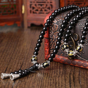 Buddha Stones Black Obsidian Six True Words Protection Mala Bracelet Mala Bracelet BS 3