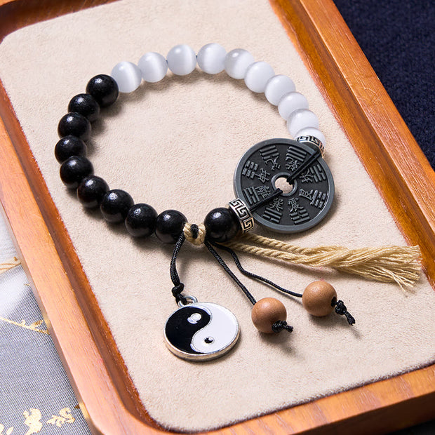 Buddha Stones Cat's Eye Ebony Wood Yin Yang Bagua Coin Support Rope Bracelet Bracelet BS 1