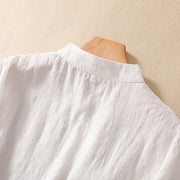 Buddha Stones Plum Blossom Embroidery Frog-Button Short Sleeve Cotton Linen Shirt
