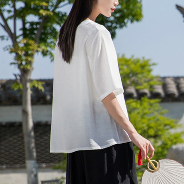 Buddha Stones V-Neck Casual Blouse Short Sleeve Shirt Chinese Style Top