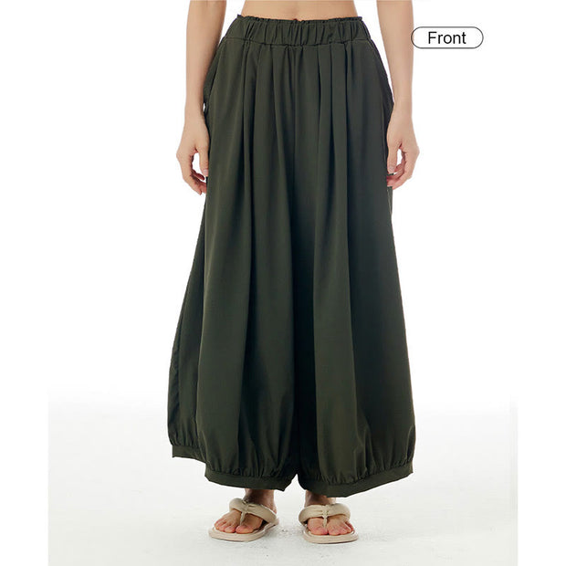 Buddha Stones Solid Color Loose Elastic Waist Wide Leg Pants With Pockets 12