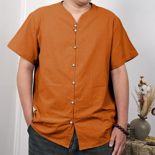 Buddha Stones Men's Short Sleeve Button Down Cotton Linen Shirt Men's Shirts BS DarkOrange 3XL(Fit for US/UK/AU44; EU54)