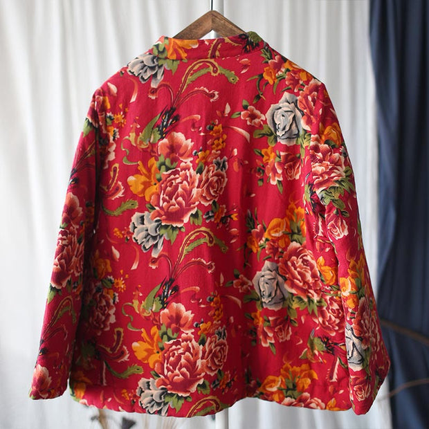 Buddha Stones Flowers Cotton Linen Jacket Shirt Chinese Northeast Style Winter Clothing 10