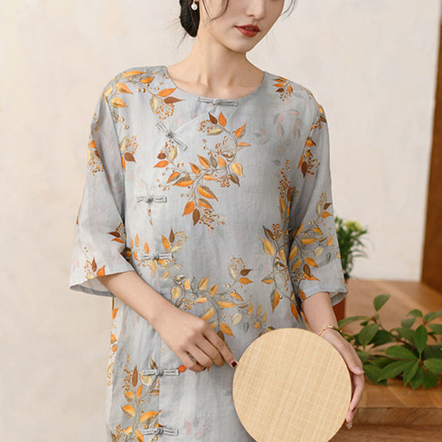 Buddha Stones Leaves Plant Pattern Half Sleeve Ramie Linen Chinese Cheongsam Midi Dress With Pockets