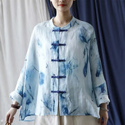 Buddha Stones Tie Dye Blue Flowers Frog-Button Design Long Sleeve Ramie Linen Jacket Shirt 2