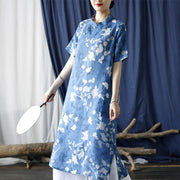 Buddha Stones Ramie Linen Blue White Flowers Branches Cheongsam Dresses Short Sleeve Dress 10
