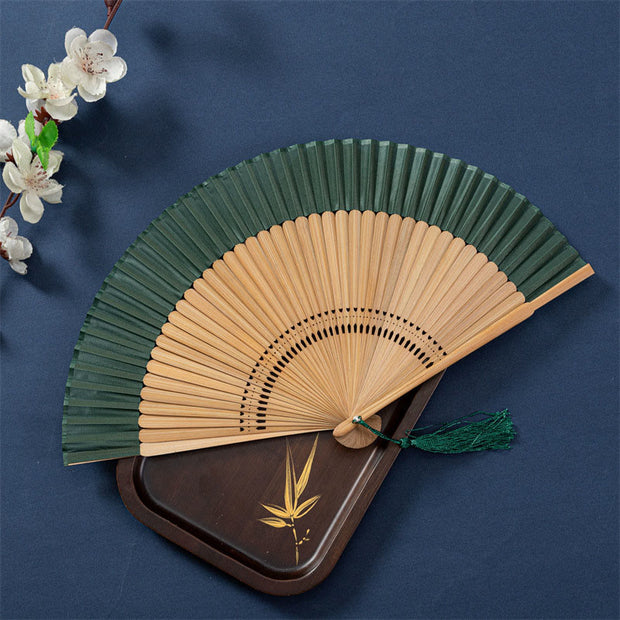 Buddha Stones Solid Color Handheld Silk Bamboo Folding Fan 21cm 8