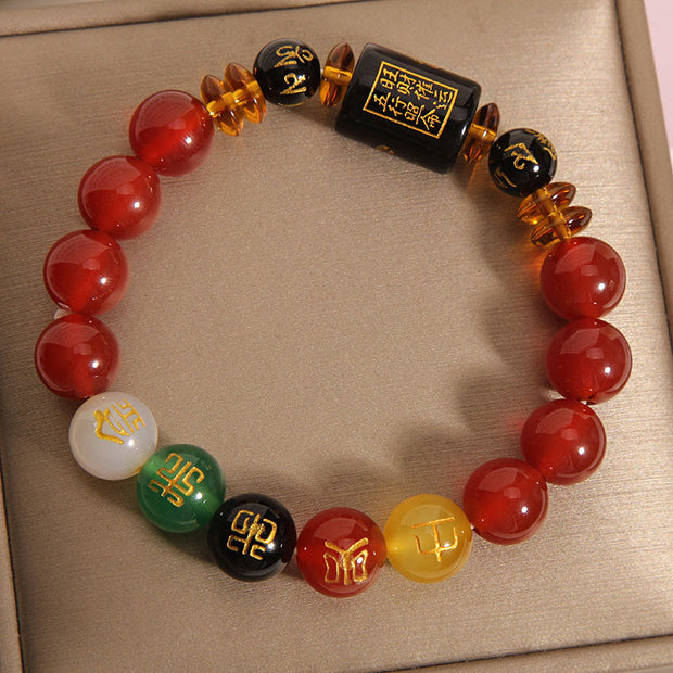 Buddha Stones Five Elements Black Onyx Red Agate Wisdom Wealth Bracelet Bracelet BS 15