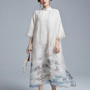 Buddha Stones 100% Mulberry Silk Organza Mountain Tree Butterfly Print Qipao Cheongsam Dress