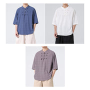 Buddha Stones Frog-Button Plaid Pattern Chinese Tang Suit Half Sleeve Shirt Cotton Linen Men Clothing Men's Shirts BS 32