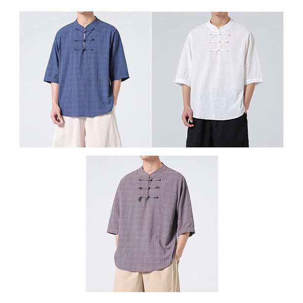 Buddha Stones Frog-Button Plaid Pattern Chinese Tang Suit Half Sleeve Shirt Cotton Linen Men Clothing Men's Shirts BS 32