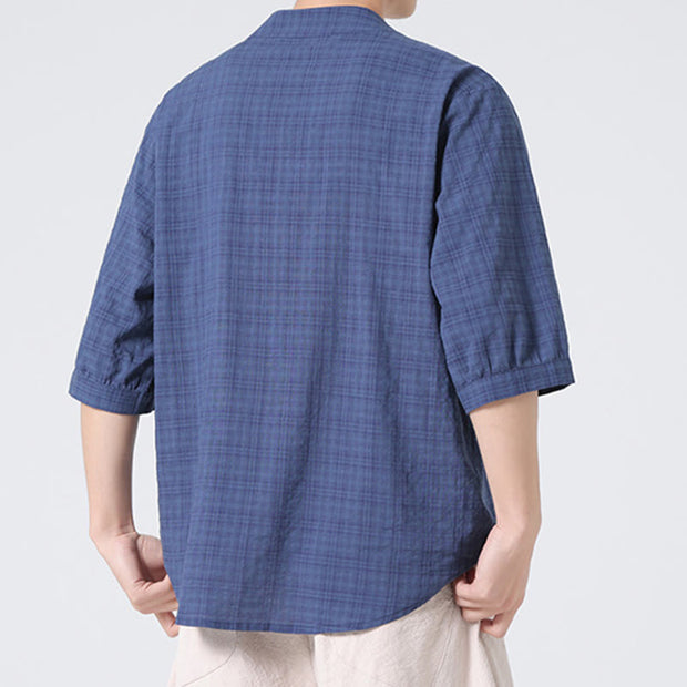 Buddha Stones Frog-Button Plaid Pattern Chinese Tang Suit Half Sleeve Shirt Cotton Linen Men Clothing Men's Shirts BS 2