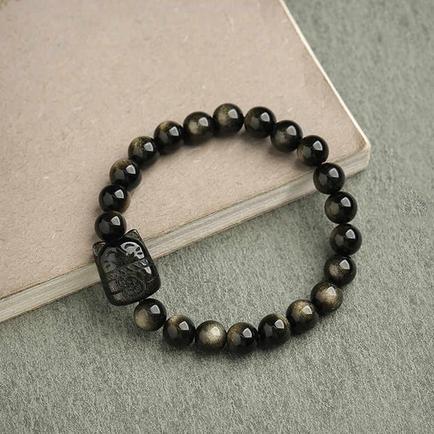 Buddha Stones Gold Sheen Obsidian Silver Sheen Obsidian Lovely Paw Lucky Cat Protection Bracelet