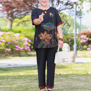 Buddha Stones Plus Size 2Pcs Lotus Flower Leaf Loose Tee T-shirt Wide Leg Pants Set