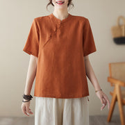 Buddha Stones Solid Color Frog-Button Short Sleeve Cotton Linen Shirt