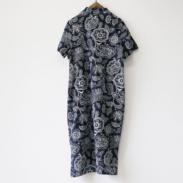 Buddha Stones Blue White Flower Frog-button Cheongsam Dresses Short Sleeve Linen Dresses With Pockets 20