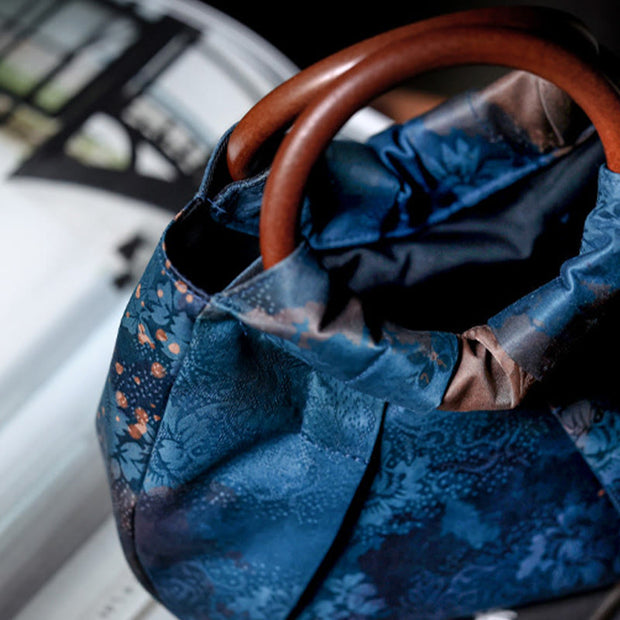Buddha Stones Handmade Jacquard Flower Blue Wooden Handle Handbag 5