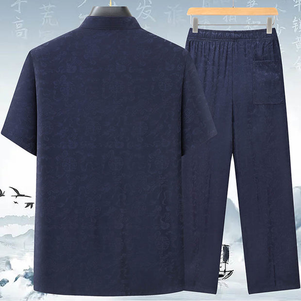 Buddha Stones Gourd Flower Leaves Tang Suit Short Sleeve Shirt Pants Clothing Men's Set Men's Meditation Cloth BS 2