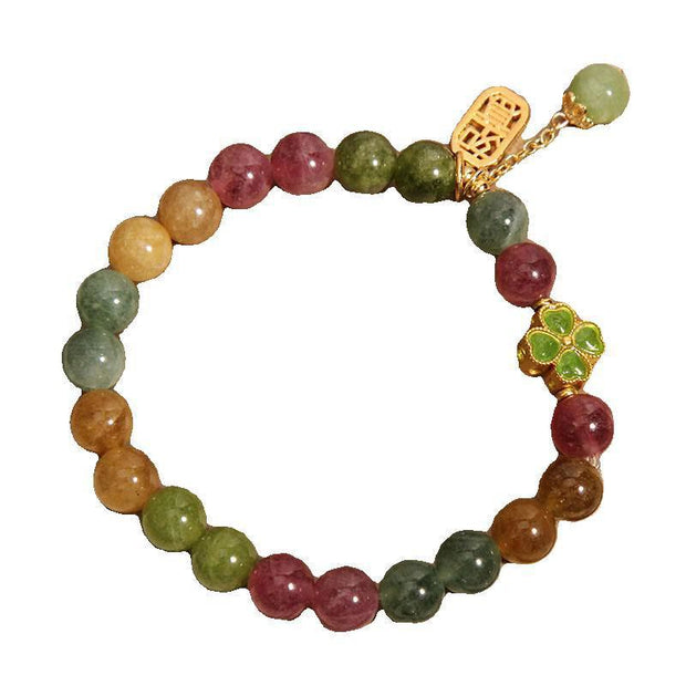 Buddha Stones Tourmaline Jade Colorful Four-leaf Clover Positive Bracelet