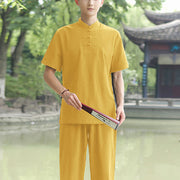 Buddha Stones 2Pcs Men's Short Sleeve Shirt Top T-Shirt Pants Meditation Zen Tai Chi Cotton Linen Clothing Set Men's Meditation Cloth BS Yellow(Top&Pants) 6XL(Bust 138cm/Waist 86-150cm/Hips 144cm)