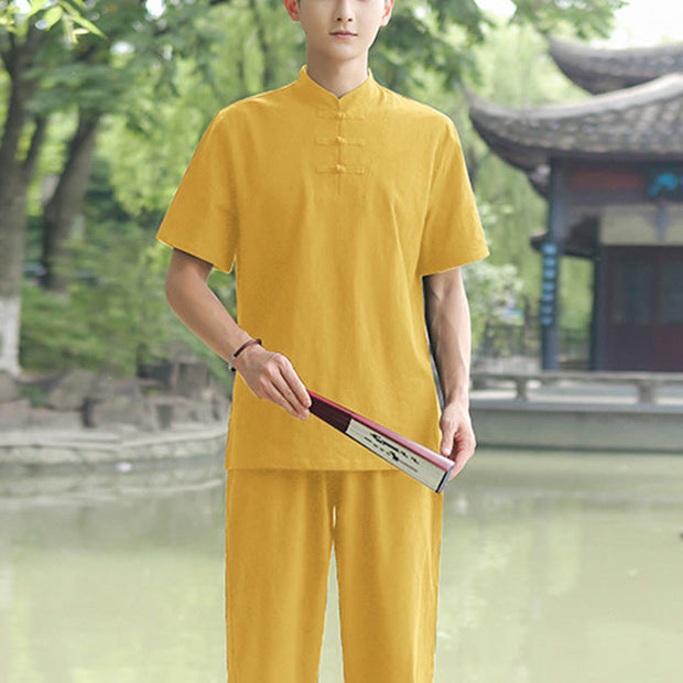 Buddha Stones 2Pcs Men's Short Sleeve Shirt Top T-Shirt Pants Meditation Zen Tai Chi Cotton Linen Clothing Set Men's Meditation Cloth BS Yellow(Top&Pants) 6XL(Bust 138cm/Waist 86-150cm/Hips 144cm)