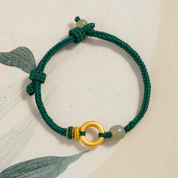 Buddha Stones 999 Sterling Silver Peace Buckle Hetian Jade Bead Luck Green Rope Braided Bracelet 3