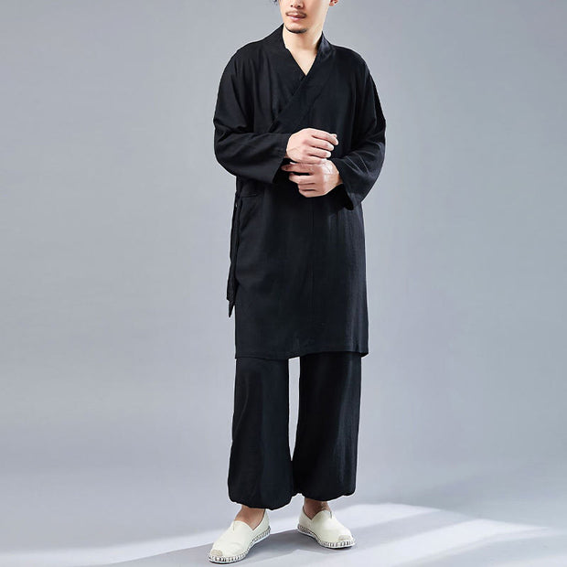 Buddha Stones 2Pcs V-Neck Men's Long Sleeve Shirt Top Pants Meditation Zen Tai Chi Cotton Linen Clothing Set