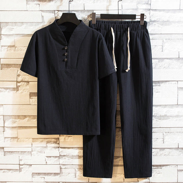 Buddha Stones 2Pcs Solid Color Linen Button Short Sleeve T-shirt Pants Men's Set 2-Piece Outfit BS Black 5XL(Fit for USUK/AU46; EU56)