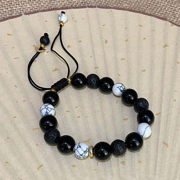 Buddha Stones Black Obsidian Lava Rock Stone Yin Yang Strength Bracelet