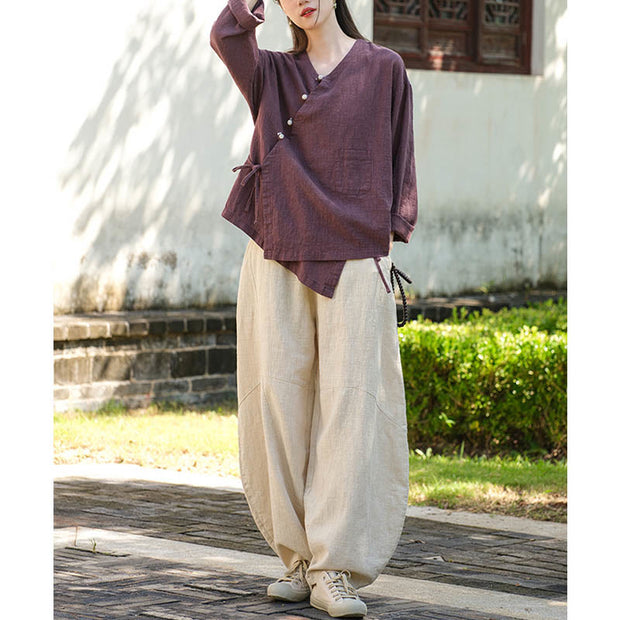 Buddha Stones Solid Color Ramie Linen Loose Blouse Long Sleeve Shirt Chinese Hanfu Top