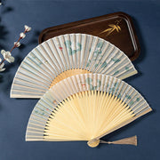 Buddha Stones Lotus Begonia Flower Jasmine Handheld Silk Bamboo Folding Fan 21cm