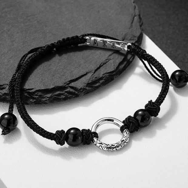 Buddha Stones 925 Sterling Silver Black Onyx Peace Buckle Protection Bracelet