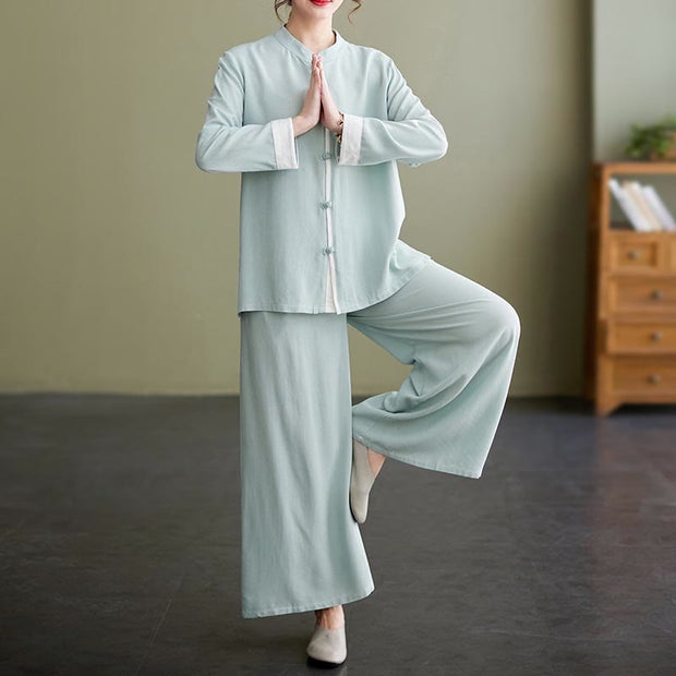 Buddha Stones 2Pcs Tang Suit Long Sleeve Shirt Top Pants Meditation Zen Tai Chi Cotton Linen Clothing Women's Set Women's Meditation Cloth BS White(Top&Pants) 2XL(Bust 116cm/Waist 67cm/Pants Length 96cm)
