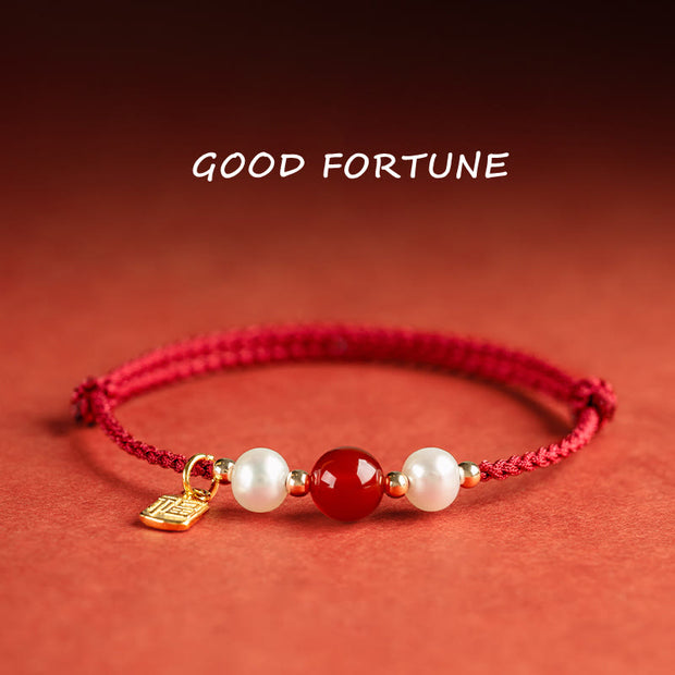 Buddha Stones 925 Sterling Silver Good Fortune Fu Character Agate Pearl Red String Braid Bracelet (Extra 30% Off | USE CODE: FS30) - Fu Character-925 Sterling Silver Fortune Charm(Wrist Circumference 14-18cm) - image 0