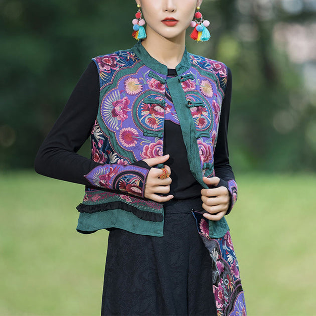 Buddha Stones Frog-Button Embroidery Flowers Cotton Linen Tang Suit De ...
