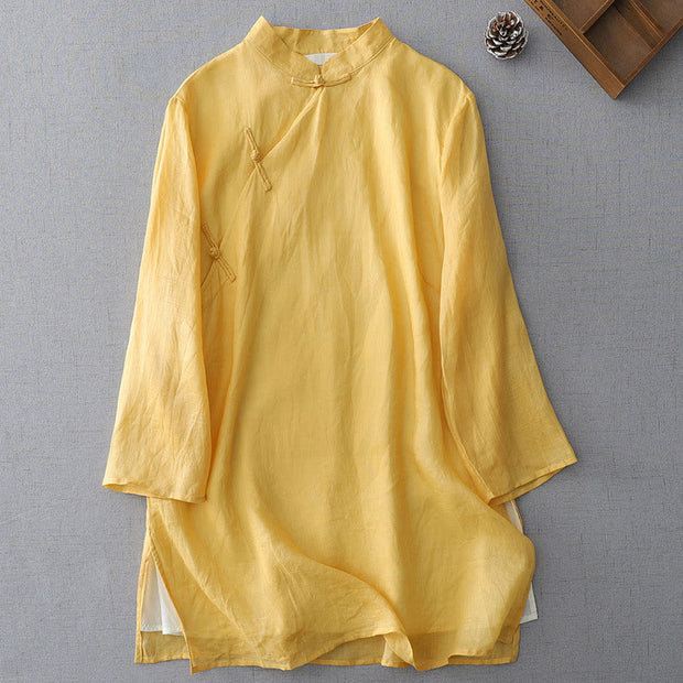 Buddha Stones Solid Color Frog-Button Three Quarter Sleeve Double Layer Cotton Linen Shirt