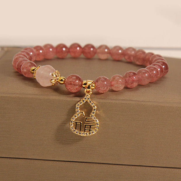 Buddha Stones Strawberry Quartz Gourd Fu Character Charm Positive Bracelet Bracelet BS 14