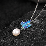 Buddha Stones 925 Sterling Silver Pearl Butterfly Healing Necklace Pendant Earrings Ring Bracelet Necklaces & Pendants BS Necklace