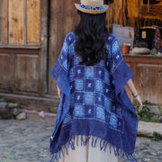 Buddha Stones Blue Color Block Plaid Shawl Tassels Soft Pullover 90*95cm 3