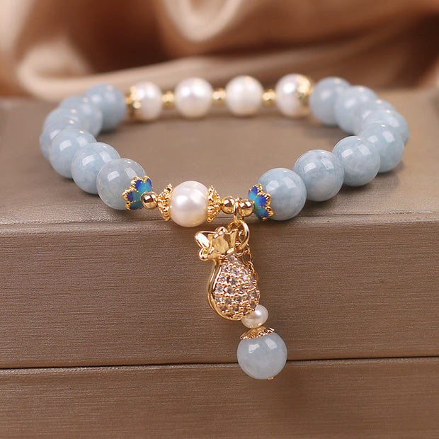 Buddha Stones Aquamarine Pearl Fortune Money Bag Charm Bracelet Bracelet BS 4