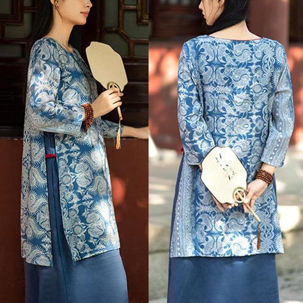 Buddha Stones Blue White Flower Pattern Midi Dress Linen Three Quarter Sleeve Dress With Pockets 7