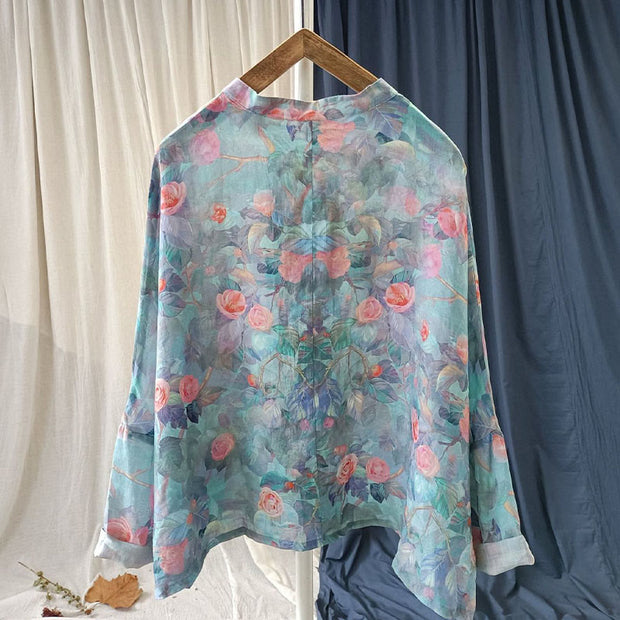 Buddha Stones Pink Flowers Green Leaves Print Frog-button Design Long Sleeve Ramie Linen Jacket Shirt