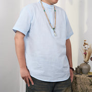 Buddha Stones Men's Plain Color Short Sleeve Half Button Cotton Linen Shirt Men's Shirts BS LightSkyBlue 3XL(Fit for US/UK/AU44; EU54)