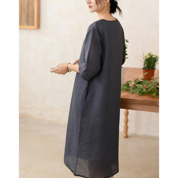 Buddha Stones Vintage Solid Color Half Sleeve Ramie Linen Chinese Cheongsam Midi Dress With Pockets