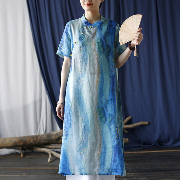 Buddha Stones Ramie Blue Digital Printing Cheongsam Dresses Short Sleeve Linen Dress 16