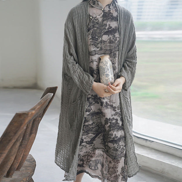 Buddha Stones Zen Garden Pavilion Tree Short Sleeve Ramie Linen Chinese Cheongsam Midi Dress With Pockets