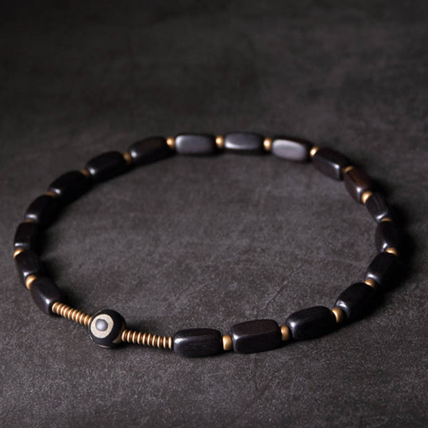 Buddha Stones Tibet Ebony Wood Dzi Bead Copper Balance Double Wrap Bracelet