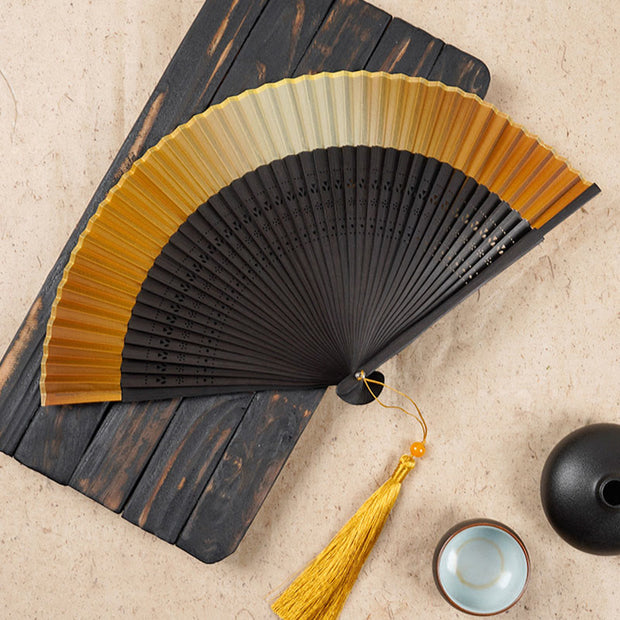 Buddha Stones Solid Color Gradient Hollow Engraved Handheld Bamboo Folding Fan